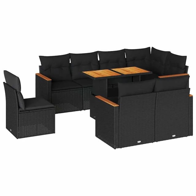 vidaXL 9-Tlg Garten-Sofagarnitur mit Kissen Schwarz Poly Rattan 3327499