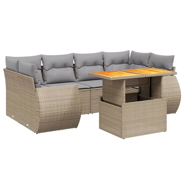 vidaXL 7-Tlg Garten-Sofagarnitur mit Kissen Beige Poly Rattan 3272095