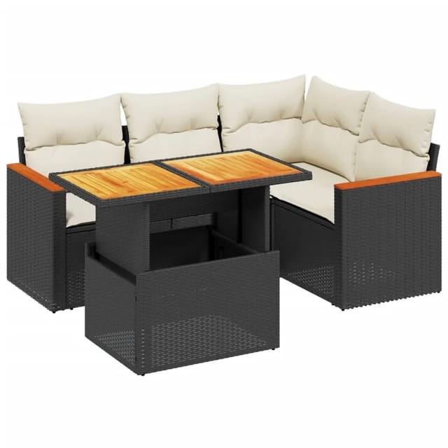 vidaXL 5-Tlg Garten-Sofagarnitur mit Kissen Schwarz Poly Rattan 3273058
