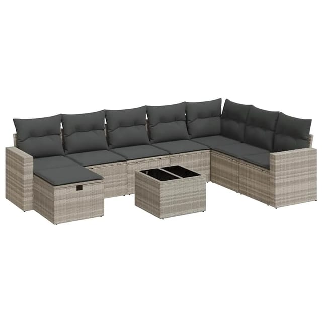 vidaXL 9-Tlg Garten-Sofagarnitur mit Kissen Hellgrau Poly Rattan 3325448