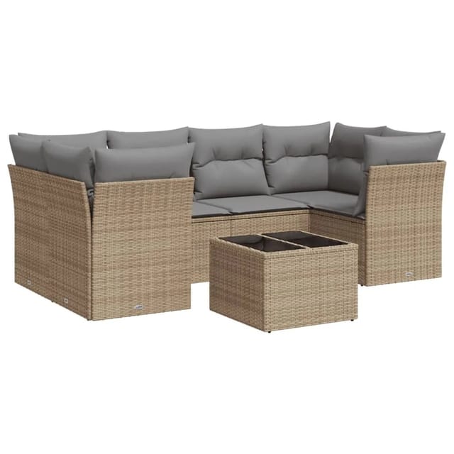 vidaXL 7-Tlg Garten-Sofagarnitur mit Kissen Beige Poly Rattan 3249108