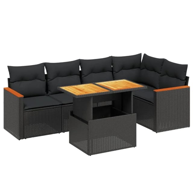 vidaXL 6-Tlg Garten-Sofagarnitur mit Kissen Schwarz Poly Rattan 3273064