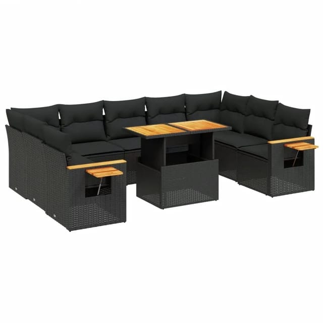 vidaXL 10-Tlg Garten-Sofagarnitur mit Kissen Schwarz Poly Rattan 3273659