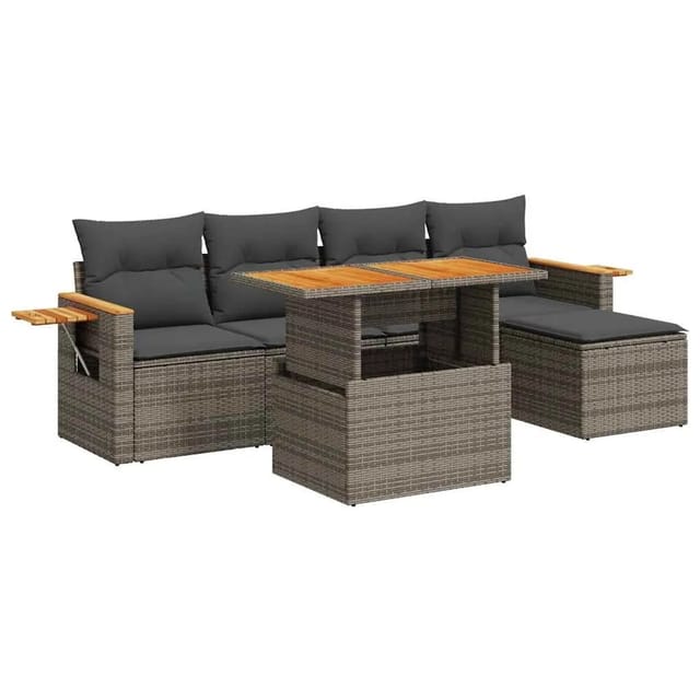 vidaXL 6-Tlg Garten-Sofagarnitur mit Kissen Grau Poly Rattan Akazie 3327588