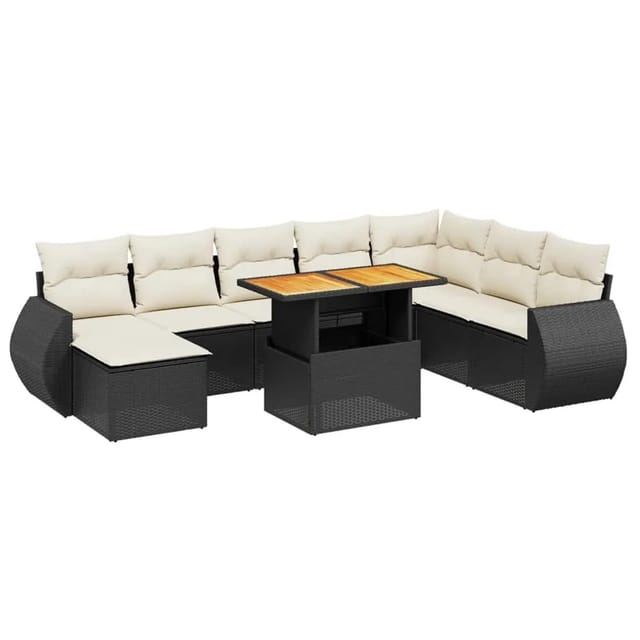 vidaXL 9-Tlg Garten-Sofagarnitur mit Kissen Schwarz Poly Rattan 3272330