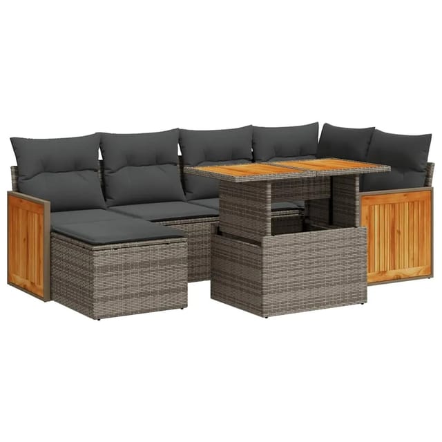 vidaXL 7-Tlg Garten-Sofagarnitur mit Kissen Grau Poly Rattan Akazie 3327735