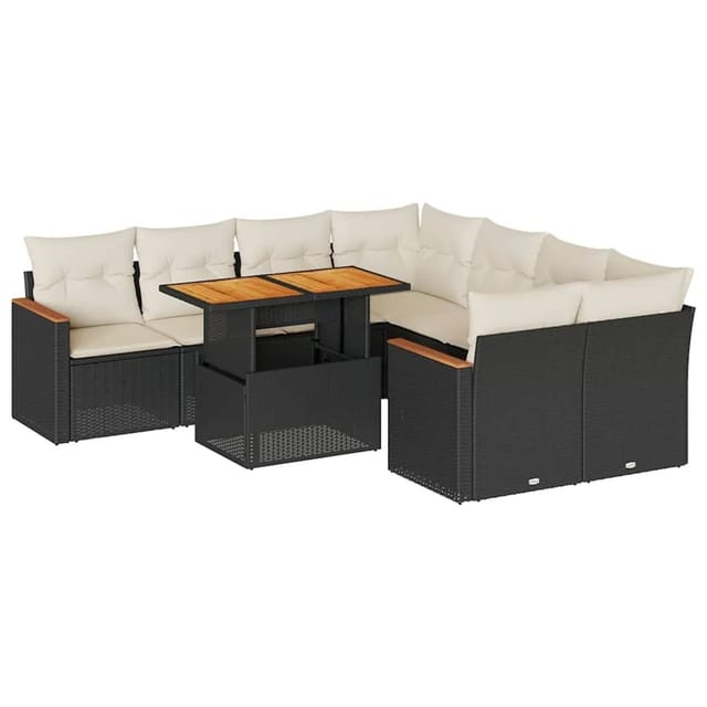 vidaXL 9-Tlg Garten-Sofagarnitur mit Kissen Schwarz Poly Rattan 3327465