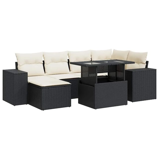 vidaXL 7-Tlg Garten-Sofagarnitur mit Kissen Schwarz Poly Rattan 3326827