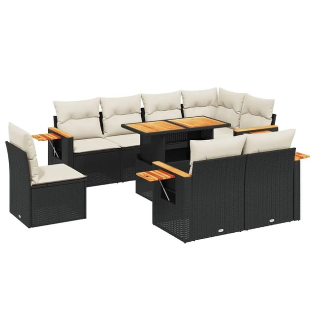 vidaXL 9-Tlg Garten-Sofagarnitur mit Kissen Schwarz Poly Rattan 3273611
