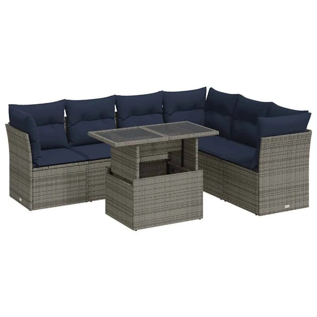 vidaXL 7-Tlg Garten-Sofagarnitur mit Kissen Schwarz Poly Rattan 3326172
