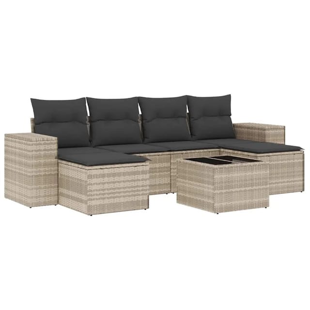 vidaXL 7-Tlg Garten-Sofagarnitur mit Kissen Hellgrau Poly Rattan 3222931