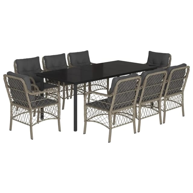 vidaXL 9-Tlg Garten-Essgruppe mit Kissen Hellgrau Poly Rattan 3212179