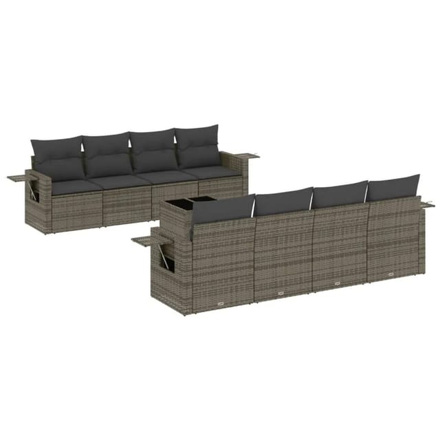 vidaXL 9-Tlg Garten-Sofagarnitur mit Kissen Grau Poly Rattan 3219949