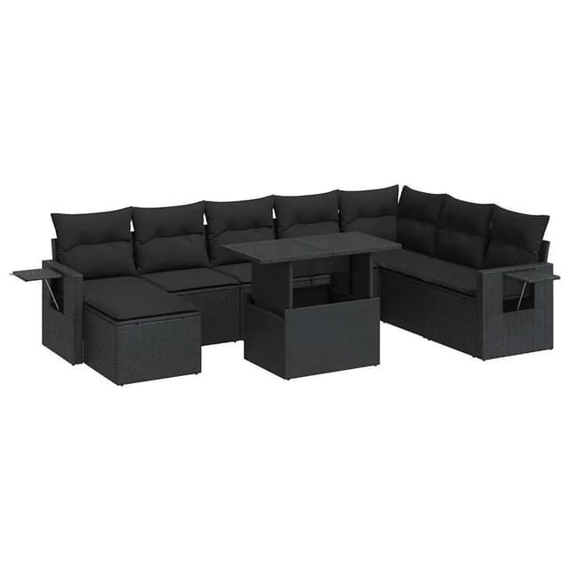 vidaXL 9-Tlg Garten-Sofagarnitur mit Kissen Schwarz Poly Rattan 3326526