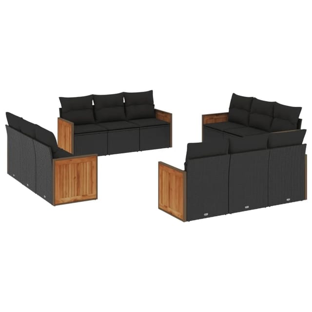 vidaXL 12-Tlg Garten-Sofagarnitur mit Kissen Schwarz Poly Rattan 3227511