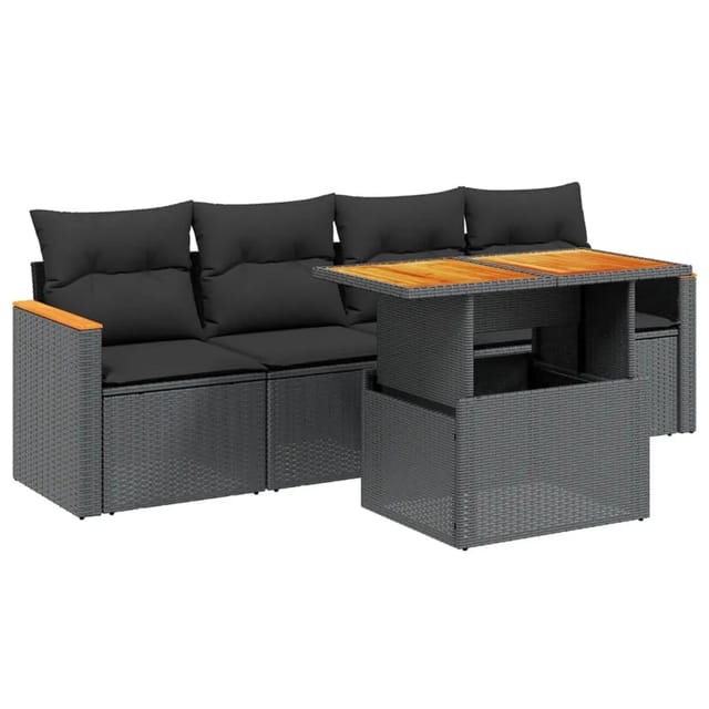 vidaXL 5-Tlg Garten-Sofagarnitur mit Kissen Schwarz Poly Rattan 3272952