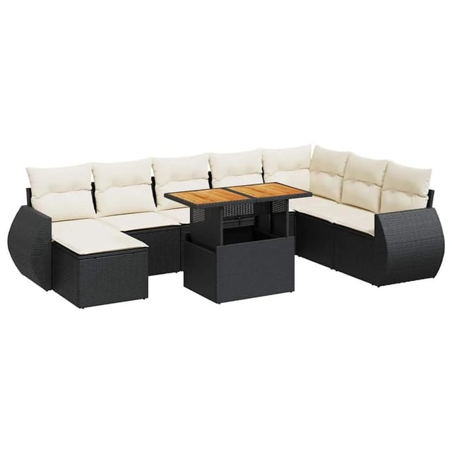vidaXL 9-Tlg Garten-Sofagarnitur mit Kissen Schwarz Poly Rattan 3327297