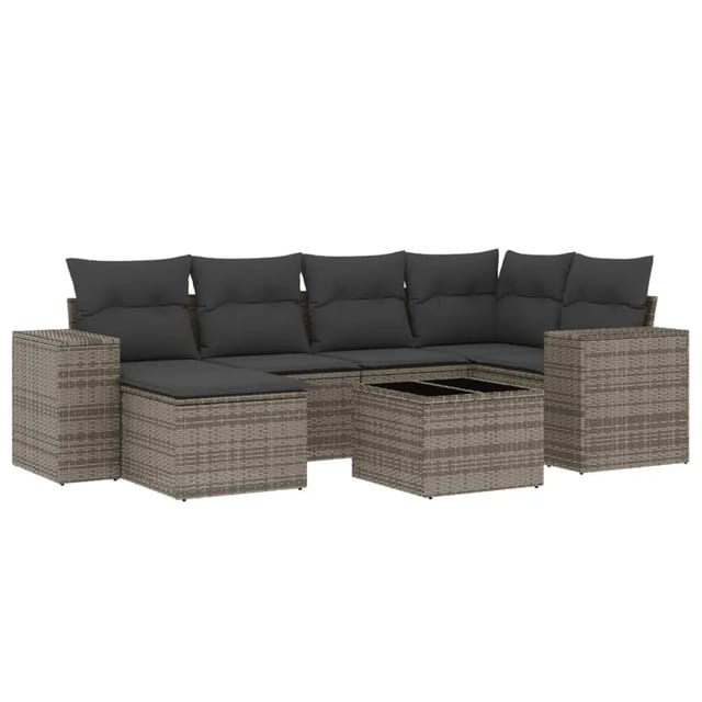 vidaXL 7-Tlg Garten-Sofagarnitur mit Kissen Grau Poly Rattan 3255207