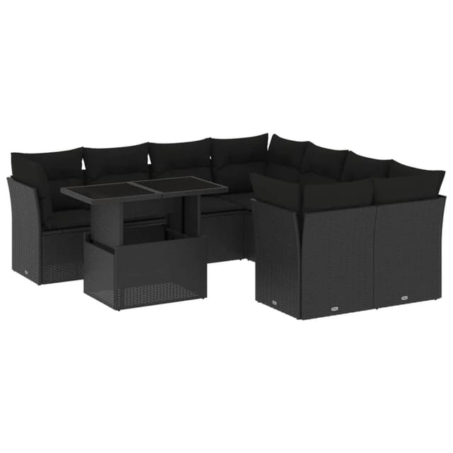 vidaXL 9-Tlg Garten-Sofagarnitur mit Kissen Schwarz Poly Rattan 3266425
