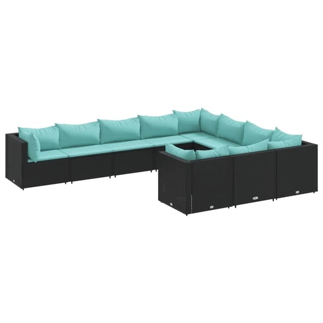 vidaXL 10-Tlg Garten-Sofagarnitur mit Kissen Schwarz Poly Rattan 3308332