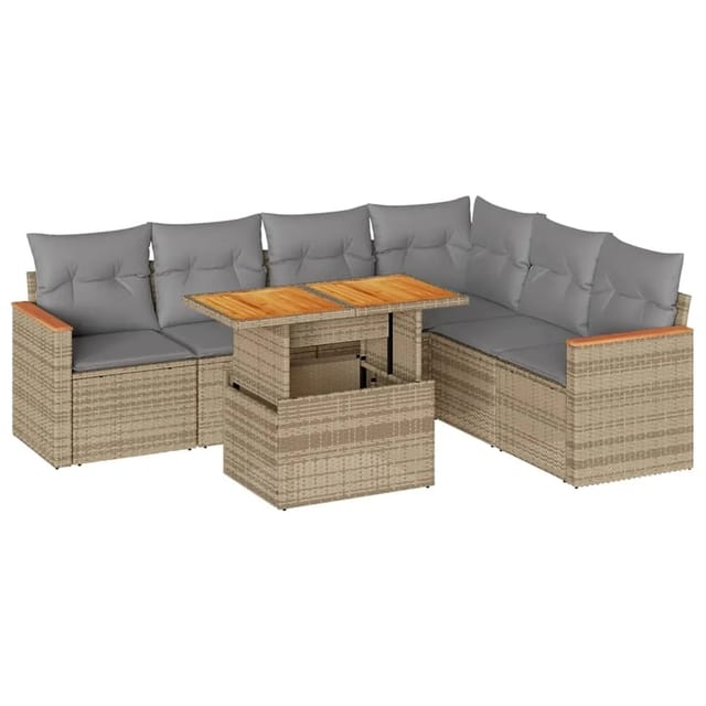 vidaXL 7-Tlg Garten-Sofagarnitur mit Kissen Beige Poly Rattan Akazie 3327496