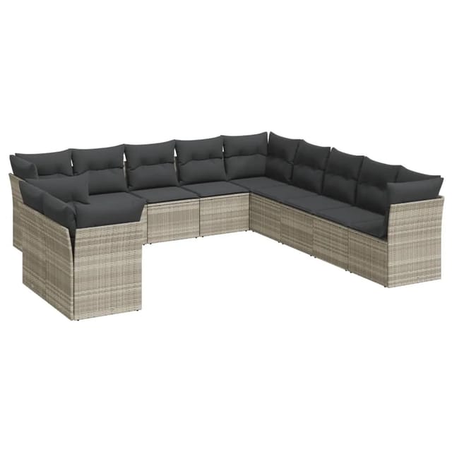 vidaXL 11-Tlg Garten-Sofagarnitur mit Kissen Hellgrau Poly Rattan 3217882