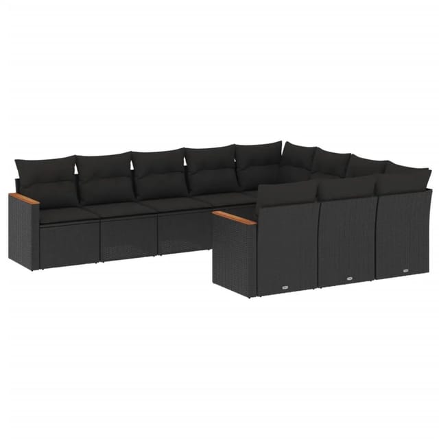 vidaXL 10-Tlg Garten-Sofagarnitur mit Kissen Schwarz Poly Rattan 3226335