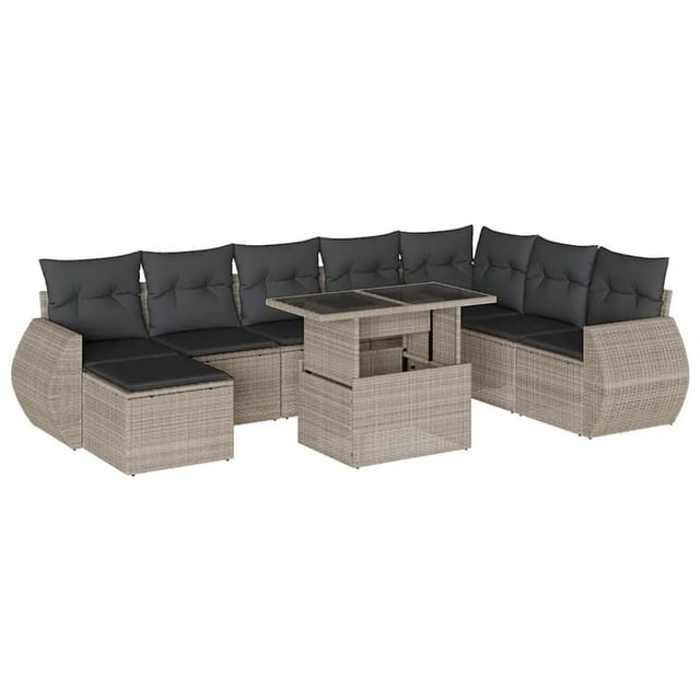 vidaXL 9-Tlg Garten-Sofagarnitur mit Kissen Hellgrau Poly Rattan 3268732