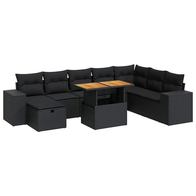 vidaXL 9-Tlg Garten-Sofagarnitur mit Kissen Schwarz Poly Rattan 3328098