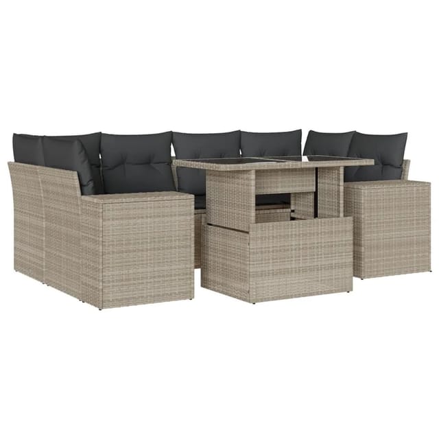 vidaXL 7-Tlg Garten-Sofagarnitur mit Kissen Hellgrau Poly Rattan 3269022