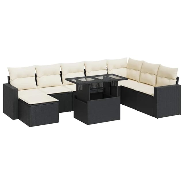 vidaXL 9-Tlg Garten-Sofagarnitur mit Kissen Schwarz Poly Rattan 3326367