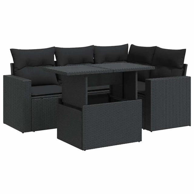 vidaXL 5-Tlg Garten-Sofagarnitur mit Kissen Schwarz Poly Rattan 3326306