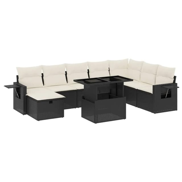 vidaXL 9-Tlg Garten-Sofagarnitur mit Kissen Schwarz Poly Rattan 3275026