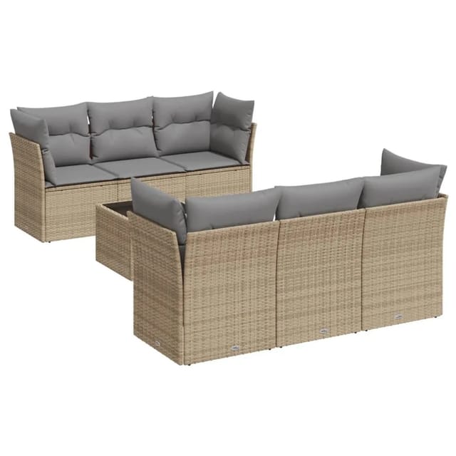 vidaXL 7-Tlg Garten-Sofagarnitur mit Kissen Beige Poly Rattan 3249098