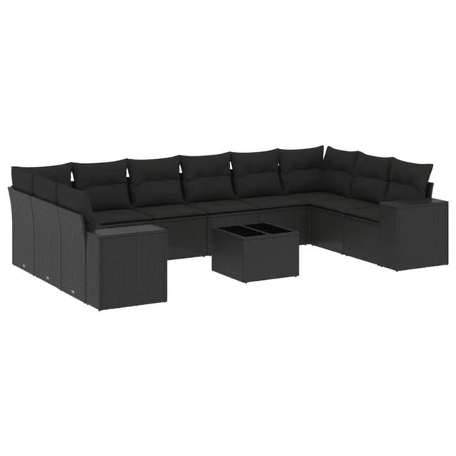 vidaXL 11-Tlg Garten-Sofagarnitur mit Kissen Schwarz Poly Rattan 3255412