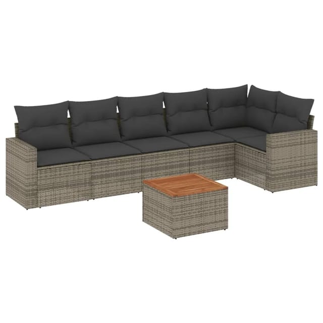 vidaXL 7-Tlg Garten-Sofagarnitur mit Kissen Grau Poly Rattan 3256466