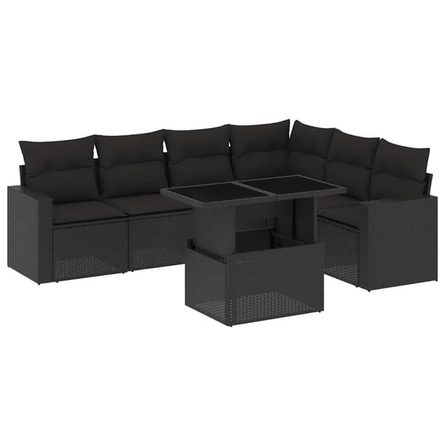 vidaXL 7-Tlg Garten-Sofagarnitur mit Kissen Schwarz Poly Rattan 3267295
