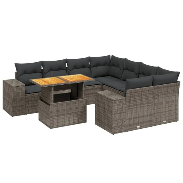 vidaXL 9-Tlg Garten-Sofagarnitur mit Kissen Grau Poly Rattan 3272565