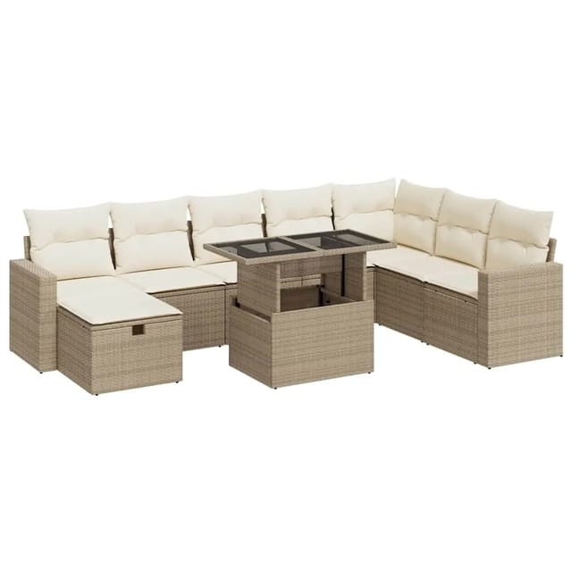 vidaXL 9-Tlg Garten-Sofagarnitur mit Kissen Beige Poly Rattan 3327838