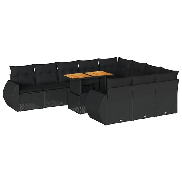 vidaXL 11-Tlg Garten-Sofagarnitur mit Kissen Schwarz Poly Rattan 3327310