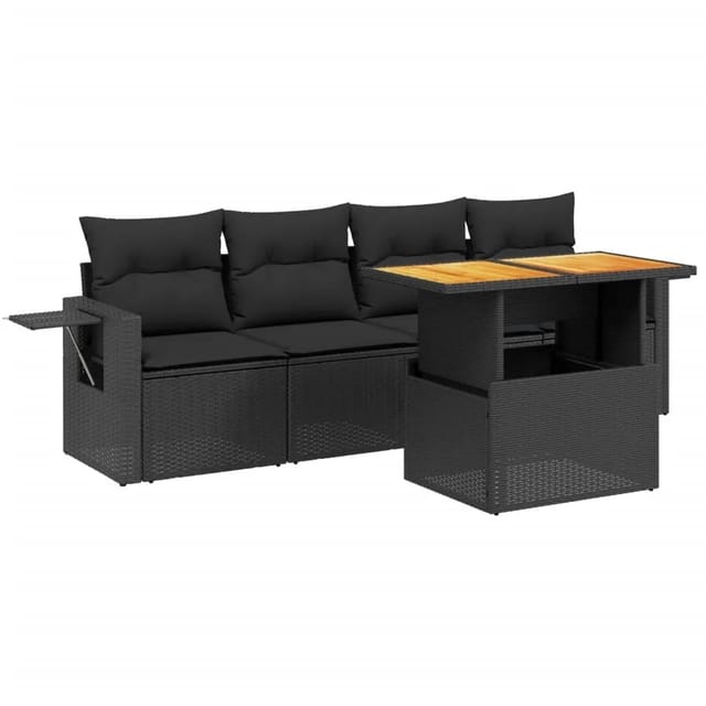 vidaXL 5-Tlg Garten-Sofagarnitur mit Kissen Schwarz Poly Rattan 3271629