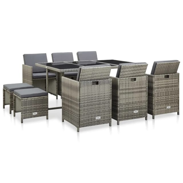 vidaXL 11-Tlg Garten-Essgruppe mit Auflagen Poly Rattan Grau 46537