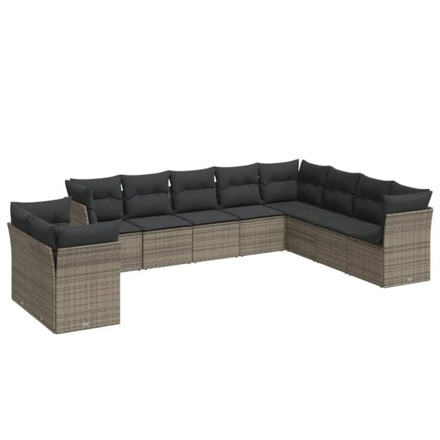 vidaXL 10-Tlg Garten-Sofagarnitur mit Kissen Grau Poly Rattan 3249699