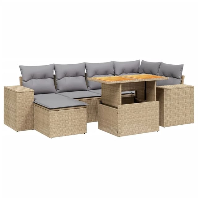 vidaXL 7-Tlg Garten-Sofagarnitur mit Kissen Beige Poly Rattan 3272739