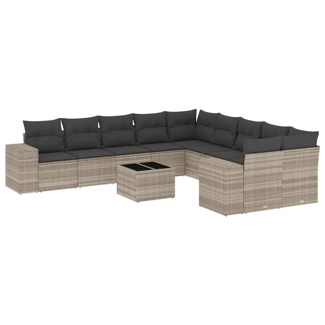 vidaXL 11-Tlg Garten-Sofagarnitur mit Kissen Hellgrau Poly Rattan 3223121