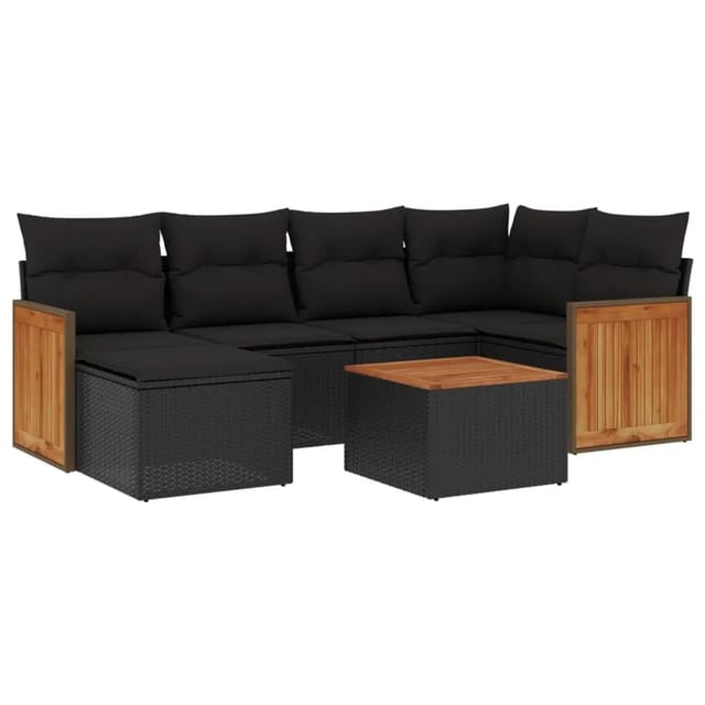 vidaXL 7-Tlg Garten-Sofagarnitur mit Kissen Schwarz Poly Rattan 3227861