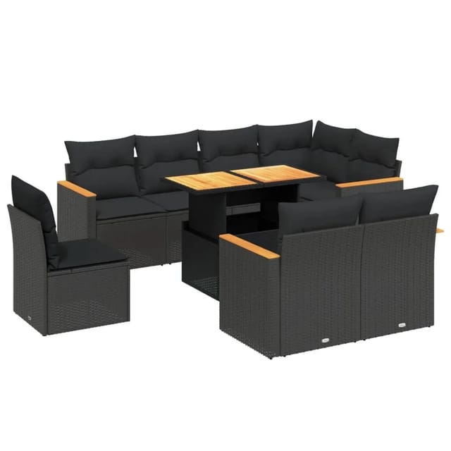 vidaXL 9-Tlg Garten-Sofagarnitur mit Kissen Schwarz Poly Rattan 3273169