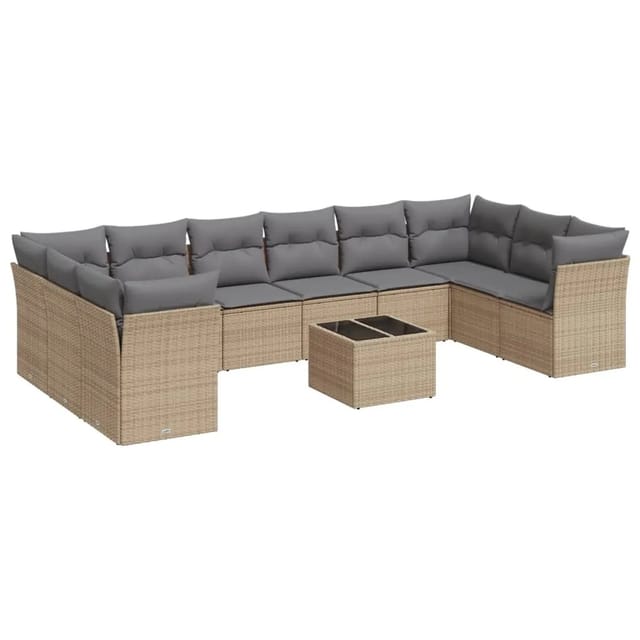 vidaXL 11-Tlg Garten-Sofagarnitur mit Kissen Beige Poly Rattan 3218209