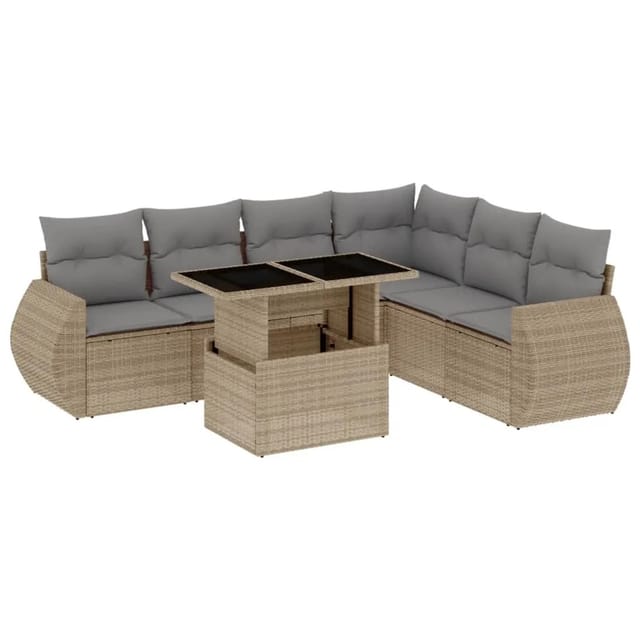vidaXL 7-Tlg Garten-Sofagarnitur mit Kissen Beige Poly Rattan 3268559