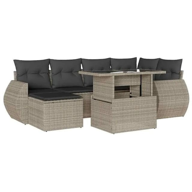 vidaXL 7-Tlg Garten-Sofagarnitur mit Kissen Hellgrau Poly Rattan 3268682